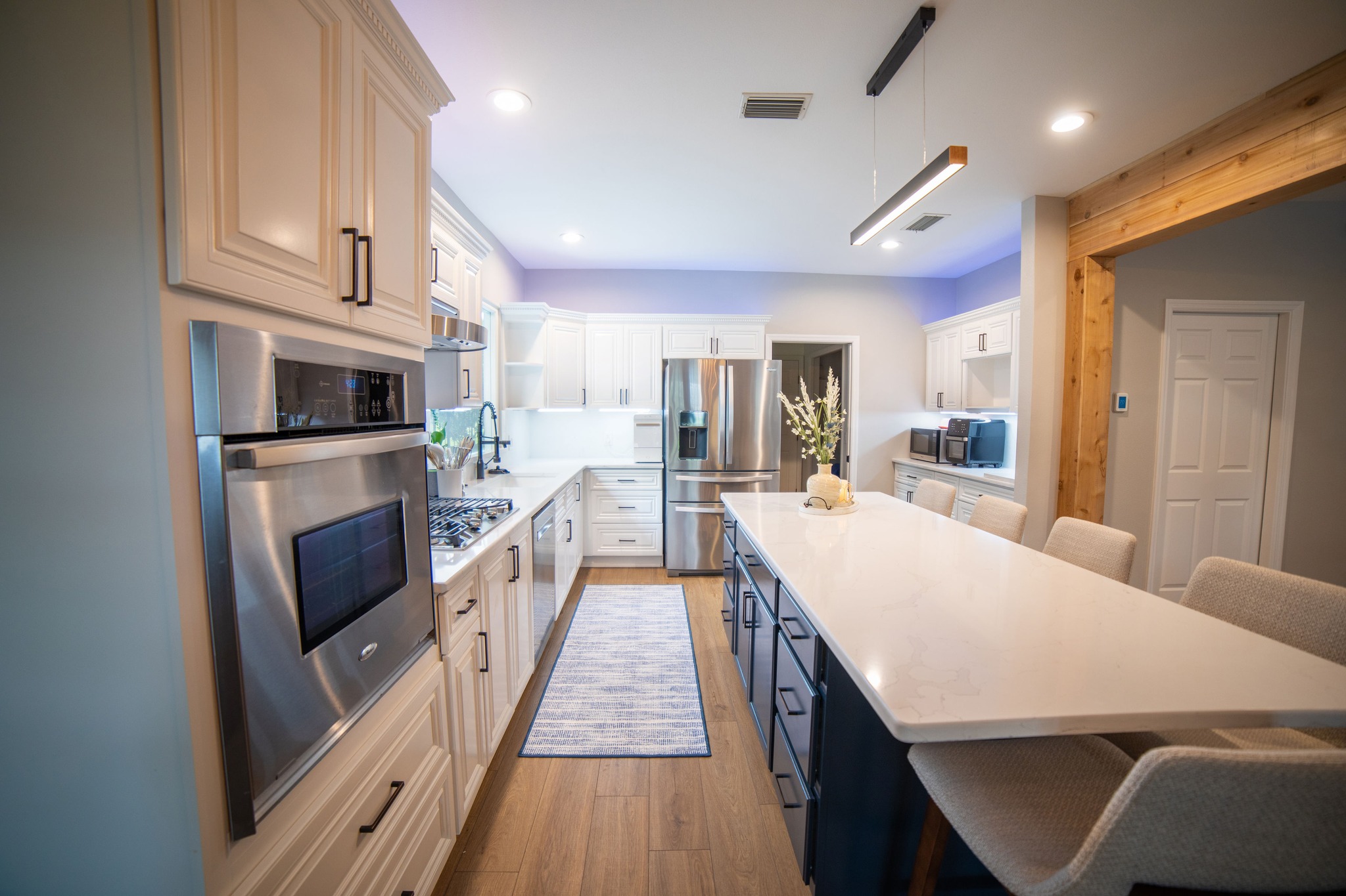 A detailed view of a polished kitchen tabletop, perfect for preparing or dining.